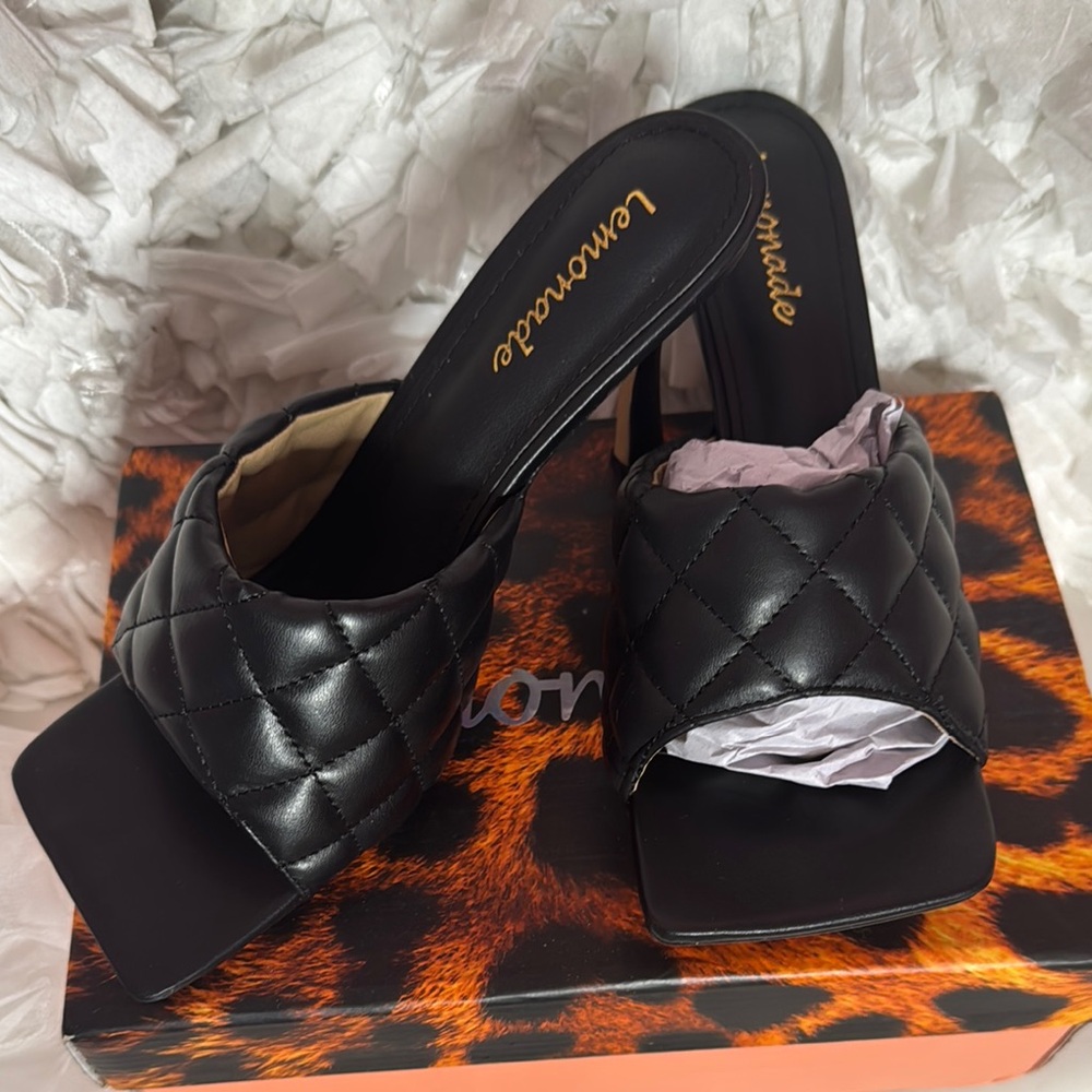 Lemon Black Quilted Mules with Block Heel